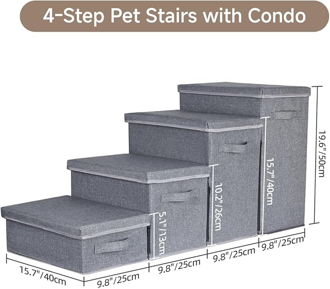 Dog Stairs with Storage, 4-Step Folding Pet Steps for Small Dogs and Cats, Pet Steps Storage with Zip, Pet Stairs for High Bed, Couch and Car Ramp (Gray, 4 Steps no Condo)-PawvioPets