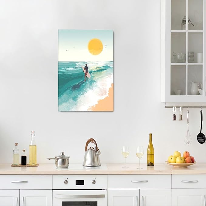 Beach Surfing Wall Art Ocean Coastal Wave Canvas Wall Decor Summer Nature Seascape Pictures Painting Print Framed Artwork Decorations for Bathroom Living Room Office Bedroom 16"x24"-PawvioPets