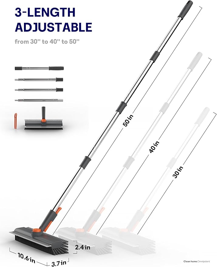 Floor Scrub Brush with Long Handle, 3 in 1 Multi-angle Swivel Right Angled Bristle Floor Scrubber Brush with Squeegee and Tweezer for Cleaning Tile Wall Deck Bathroom Patio Garage Kitchen (Grey)-PawvioPets