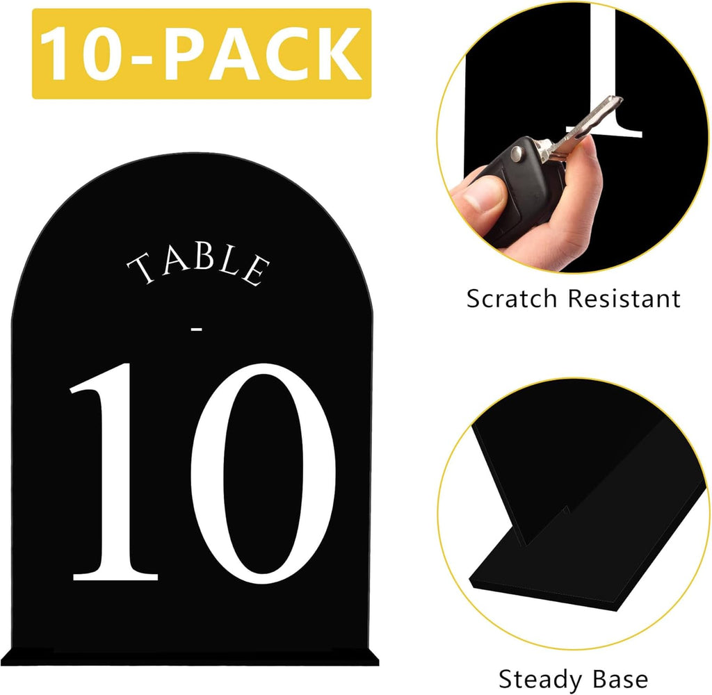 JOYIT Arch Wedding Table Numbers 1-10 with Stands – Double-Sided Printed 5" X 7" Acrylic Signs with Black Background and White Text, Perfect for Wedding Receptions, Parties, Anniversaries, and Events