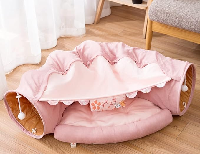 2 in 1 Cat Tunnel Bed Tube with Cushion and Plush Ball Toy Playground Crinkle Collapsible for Large Cats Kittens Kitty Puppy Small Dog Foldable Soft Pet Play Bed Indoor Outdoor- Pink Cat Tunnel Bed-PawvioPets