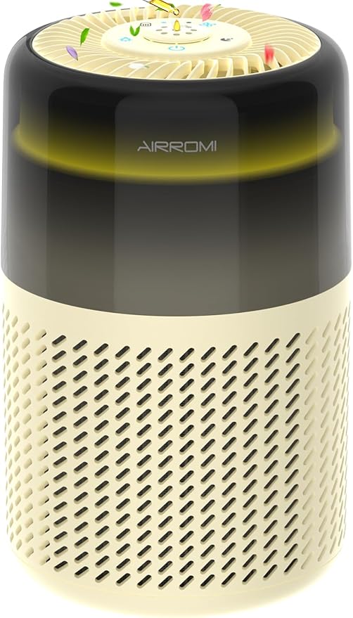AIRROMI Air Purifier for Bedroom Home,HEPA Filter,Covers Upto 549 Ft²,Quiet 360°intake Air Cleaner with Fragrance ponge for Better Sleep,Night Light,Filters Smoke,Pet Dander,Allergies,Dust,A2005Yellow-PawvioPets