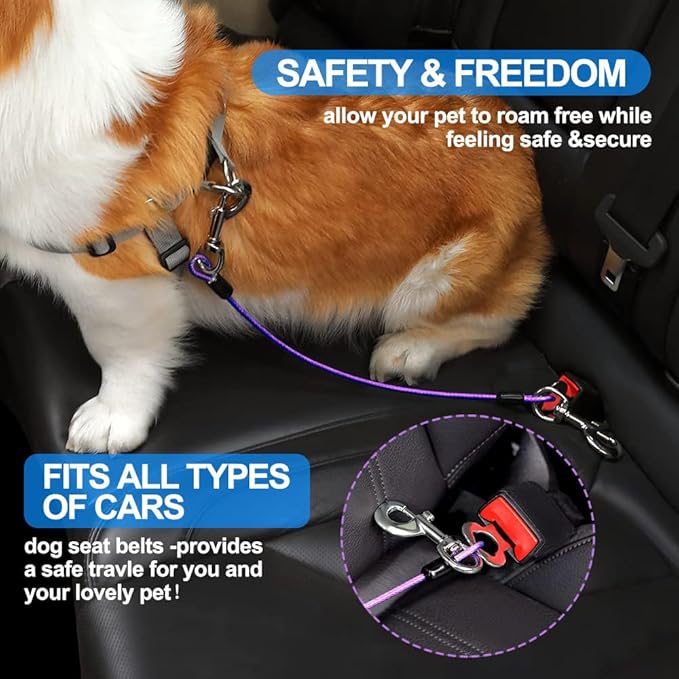 Dog Seat Belt Harness for Car,Dog Seatbelt of Coated Wire Leash Safety Restraint,No Chew Tether Cable Vehicle,Double Clips & Latch(Purple, 16 inch/40 CM)-PawvioPets