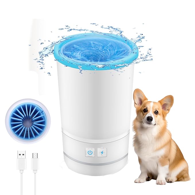 Automatic Dog Cleaner, Soft Electric Washer USB Rechargeable Portable Cleaner Cup, Dog Foot Cleaning Machine for Small to Medium Dogs Cats (White Blue)-PawvioPets