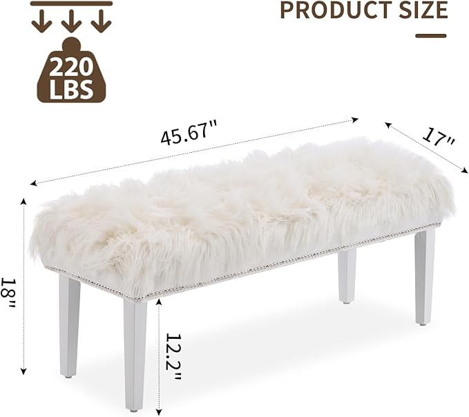 46 Inch White Bedroom Bench, Modern Multi-Purpose Bench with Wooden Legs, White Faux Fur Upholstered Bench for Bedroom, Living Room, or Entryway-PawvioPets