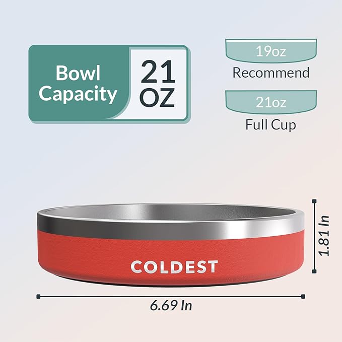 Coldest Dog Bowl - Anti Rust Metal, Non Slip, 3 Layers Insulated Stainless Steel Dog Bowls - Spill Proof & Heavy Duty - Water Bowl for Dogs, Cats & Pets, Dish Washer Safe (21 oz, Red)-PawvioPets