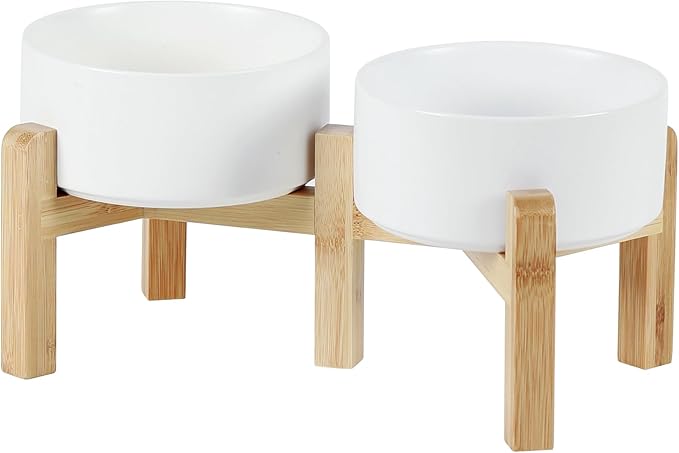 Ceramic Raised Double Bowls Set with Stand, 2 Heights Elevated, Food & Water Bowls for Small Breed Dogs, Weighted Dog Dishes, Pet Bowl(6.1'',28.7oz, White)-PawvioPets