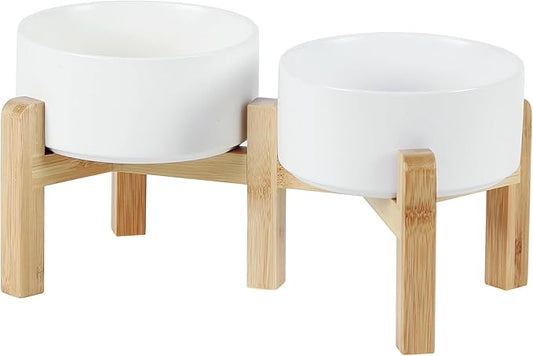 Ceramic Raised Double Bowls Set with Stand, 2 Heights Elevated, Food & Water Bowls for Small Breed Dogs, Weighted Dog Dishes, Pet Bowl(6.1'',28.7oz, White)-PawvioPets