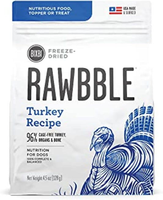 BIXBI Rawbble Freeze Dried Dog Food, Turkey Recipe, 4.5 oz - 96% Meat and Organs, No Fillers - Pantry-Friendly Raw Dog Food for Meal, Treat or Food Topper - USA Made in Small Batches-PawvioPets