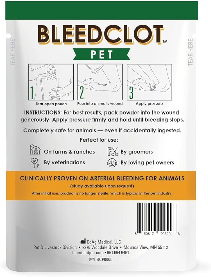 BleedClot Pet FirstAid Blood Clotting Powder | Stop Bleeding on All Animals Guaranteed | Minor Cuts to Arterial Bleeding | from Makers of BleedStop | Veterinarian + Household Use (1 Pouch, 5 oz)-PawvioPets