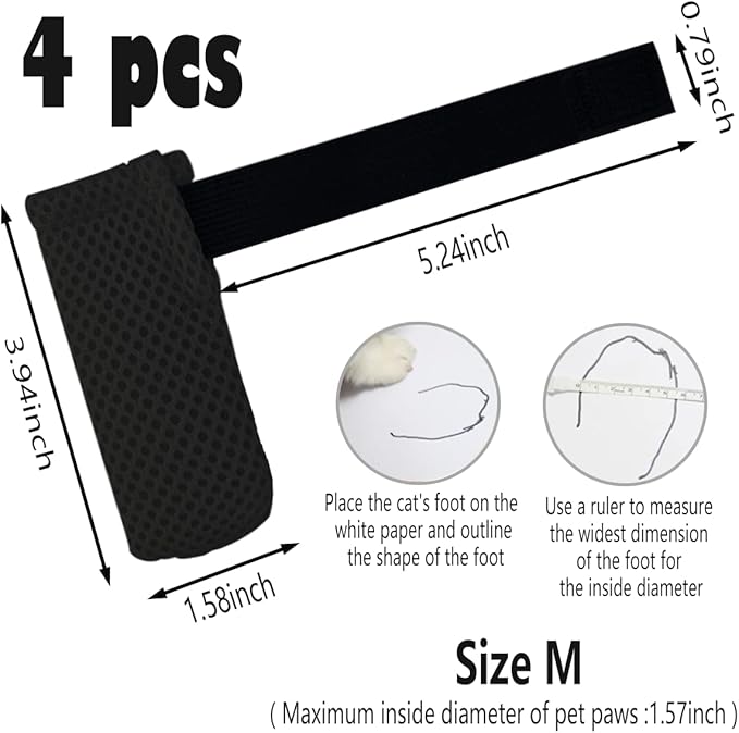 4 PCS Cat Mittens to Prevent Scratching,Mesh Breathable Cat Shoes,Adjustable Cats Anti Scratch Gloves,Suitable for Cats When Bathing and Nail Trimming(M,Black)-PawvioPets