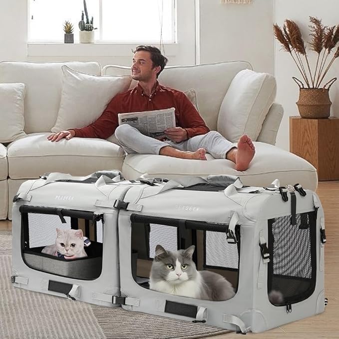 Extra Large Cat Carrier Soft Sided, Portable Small Dog Carrier for 2 Cats, 24"x16.5"x16" Car Travel Folding Comfortable Design with Litter Box and Bowls, Grey-2+ Litter Box+ Bowl*2-PawvioPets