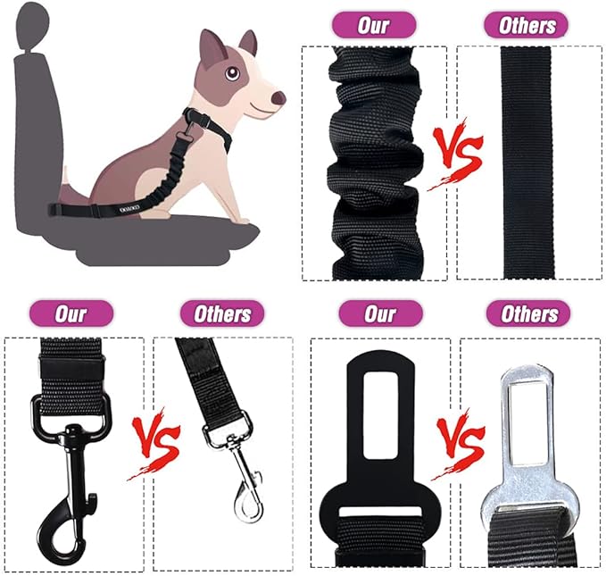 COOYOO Dog Seat Belt,3 Piece Set Retractable Dog Car Adjustable Seatbelts for Vehicle Nylon Pet Safety Heavy Duty & Elastic & Durable Car Harness for Dogs-PawvioPets