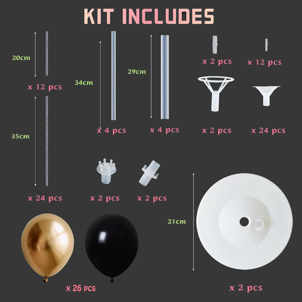 Balloon Column Kit for Floor- Balloon Stand kit set of 2, with Black&Gold Metallic Chrome balloon, Base&Pole,Tower Backdrop Decoration for Wedding, Baby Shower, Birthday Party, or Bachelorette