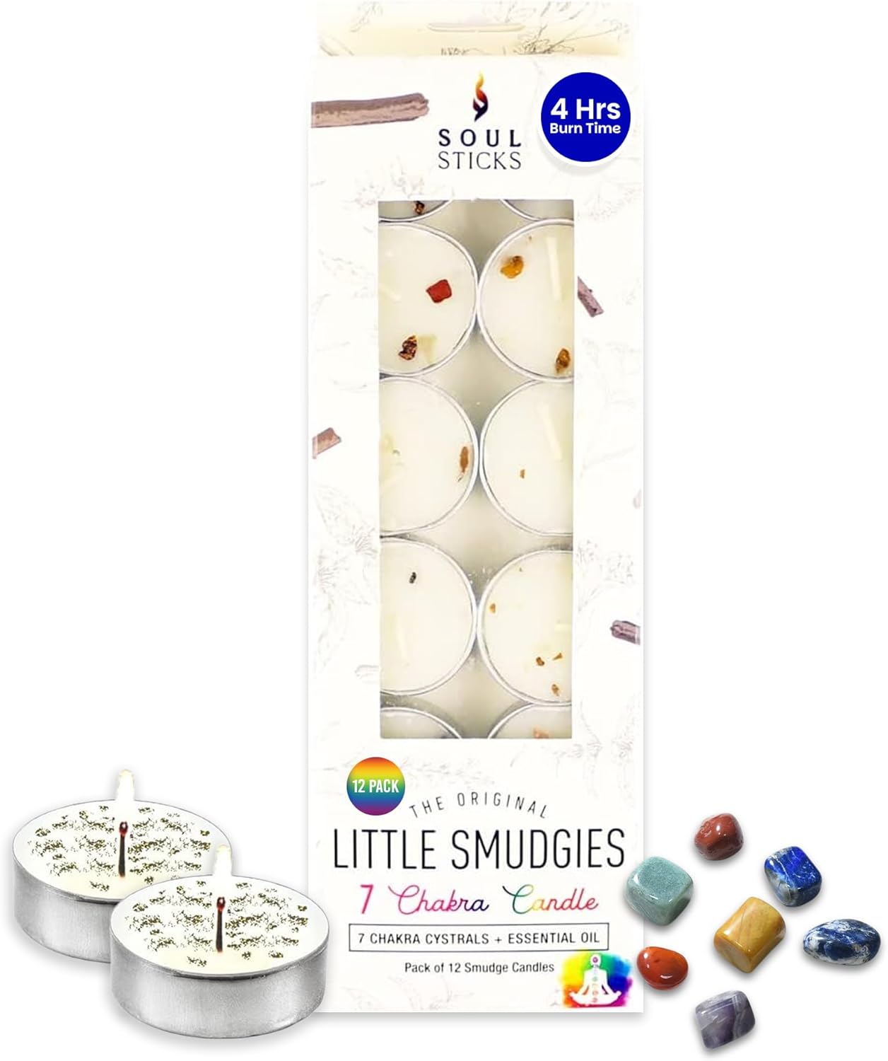 SOUL STICKS 12 Pack Little Smudgies Tealight Candles Smudge Candle for Cleansing House, Meditation, Chakra Healing | Made with Crystals and Herbs (7 Chakra)