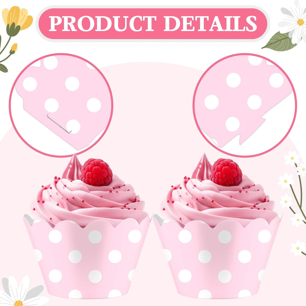 Domensi 100 Pcs Pink Polka Dots Cupcake Wrappers Rustic Cupcake Liners Baking Cups Baking Liners for Wedding Bridal Baby Shower Birthday Breast Cancer Awareness Party Supplies Dessert Decoration