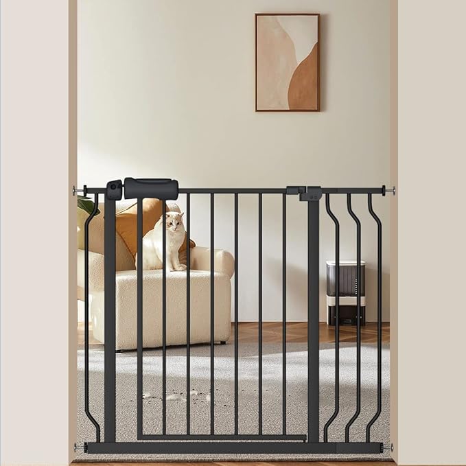Extra Wide Baby Gate with 4.72in Extensions, Walk-Through, Auto Close, Pressure Mount Child Safety Gate (Black, Extension-4.72"/12cm)-PawvioPets
