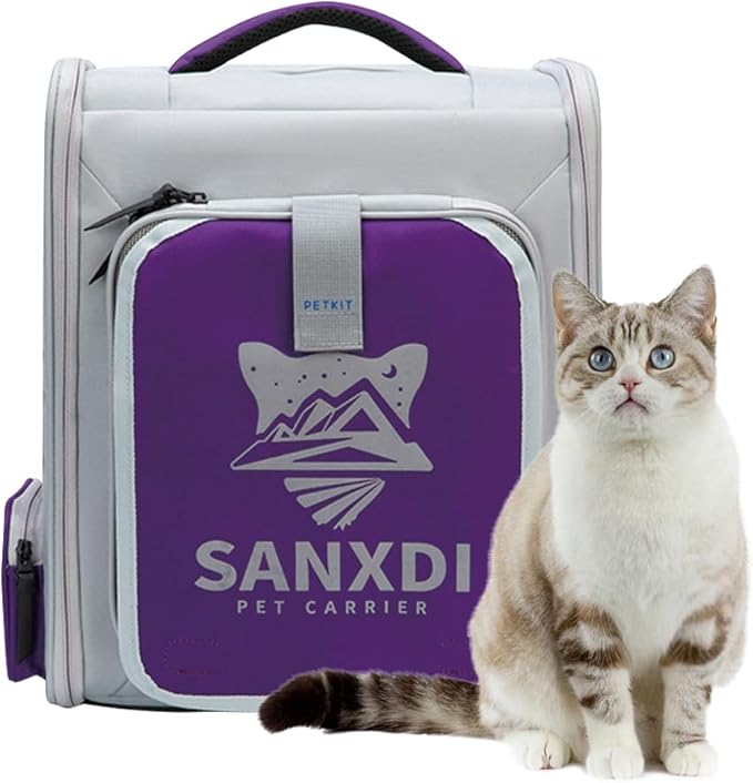 Expandable Pet Backpack, Cat Backpack with Breathable Mesh, Collapsible Soft Cat Travel Bag for Outdoor Hiking, Large Space Dog Backpack(Purple)-PawvioPets