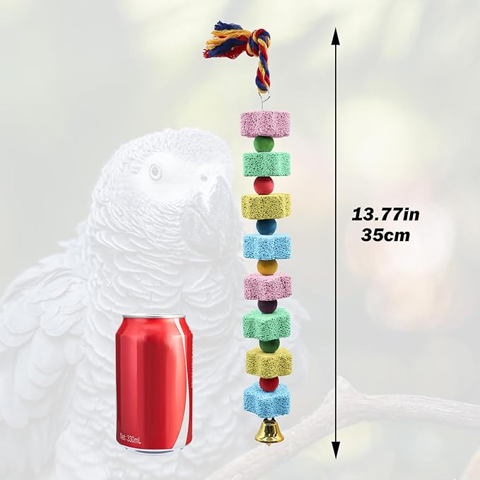2 Pack Mineral Block Chew Toys with Colorful Beads and a Bell, Bird Beak Grinding Stone, Cage Accessories for African Grey, Budgies, Cockatiels, Small to Medium Birds-PawvioPets