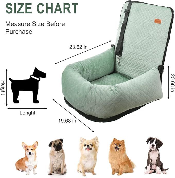 Dog Car Seat for Small Medium Dogs Up to 40lbs, Detachable Washable Soft Pet Booster Travel Bed for Front & Green Seat with Safety Leash Belt-PawvioPets