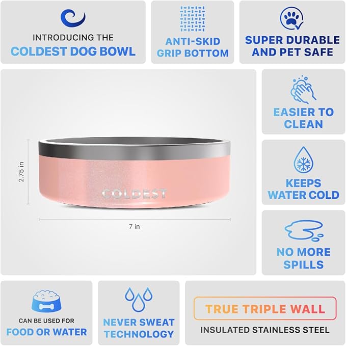 Coldest Dog Bowl - Anti Rust Metal, Non Slip, 3 Layers Insulated Stainless Steel Dog Bowls - Spill Proof & Heavy Duty - Water Bowl for Dogs, Cats & Pets, Dish Washer Safe (42 oz, Forever Pink Glitter)-PawvioPets