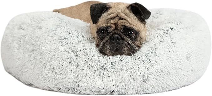 Best Pet Supplies Round Donut Dog Bed with Plush Faux Fur Fabric, Calming, Anti-Anxiety Cushion for Indoor Pets, Slip-Resistant Base, Soft Ergonomic Support - Light Warm Gray, 20x20x6''-PawvioPets