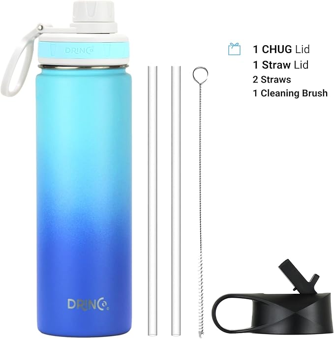 DRINCO Stainless Steel Water Bottle Spout Lid Vacuum Insulated Double Wall Water Bottle Wide Mouth (40oz 32oz 22oz 18oz 14oz) Leak Proof Keeps Cold or Hot (22 oz, 22oz Morning Sky Blue)-PawvioPets