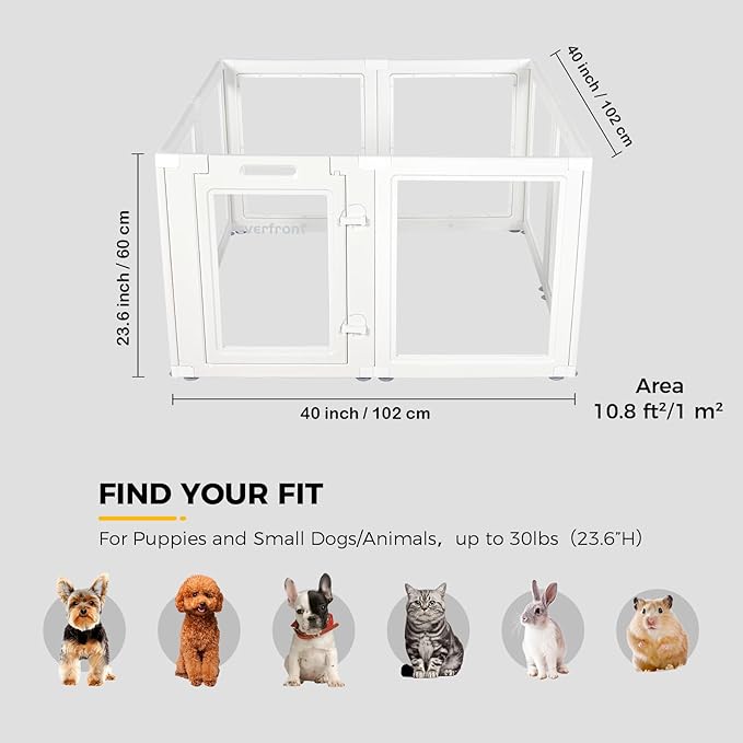 Clear Acrylic Plastic Dog Playpen - Clear Dog Play Pen - Easy Assemble Acrylic Dog Playpen - Puppy Playpen, Cat Playpen, Small Animal Playpen, Dog Play Pen Indoors (White, 23.6“ H, 8PCS)-PawvioPets