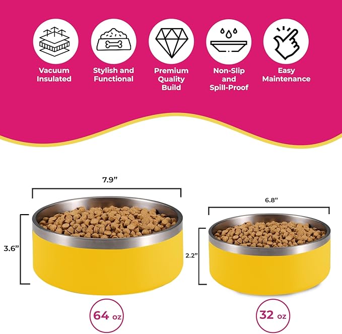 Dog Bowl - Vacuum Insulated Keeps Water Cool, Non-Slip Base, Easy Clean Interior, Durable Stainless Steel, Multiple Colors, Ideal for Travel, 32 Oz - Pet Bowl (Yellow)-PawvioPets