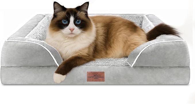 Comfort Expression Small Dog Beds Waterproof Cat Beds Orthopedic Foam Sofa Beds for Small Dogs Comfy Pet Bed with Washable Removable Cover & Non-Slip Bottom(XX-Small,Grey White)-PawvioPets