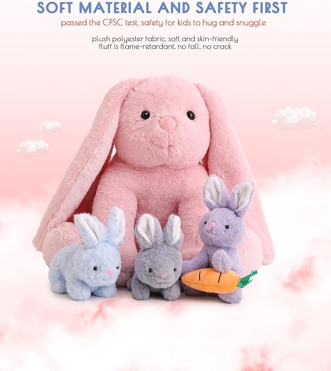 5 Pieces Rabbit Stuffed Animals for Girls,1 Mommy Rabbit with 4 Babies,Plush Bunny Stuffed Toy Gifts for Kids Children 3 4 5 6 7 8 9 Years,Soft Stuffed Bunny for Christmas,Birthday,Party Decorations-PawvioPets