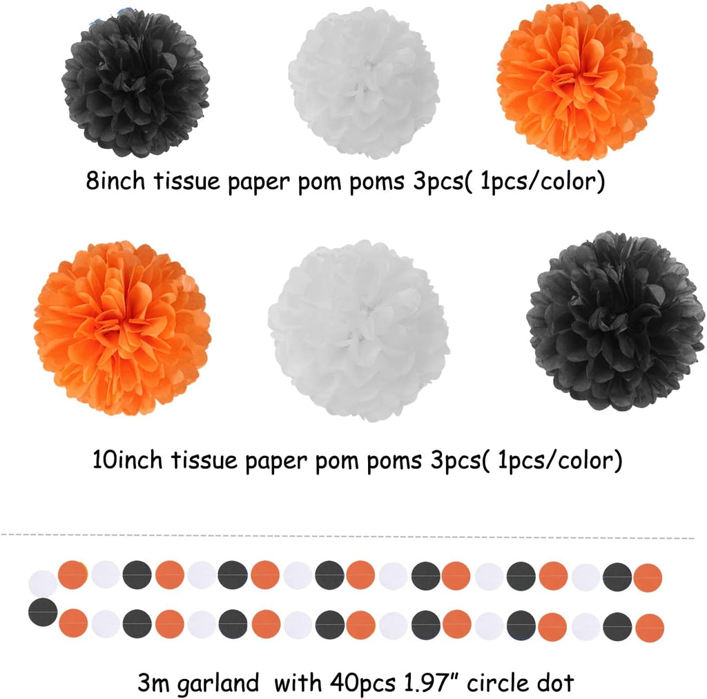 Black White Orange Halloween Party-Decorations - 23pcs Tissue Pom Poms Streamers,Tassel Garland Banner,Graduation 2025 Birthday Wedding Baby Bridal Shower Decor Bunting Lasting Surprise