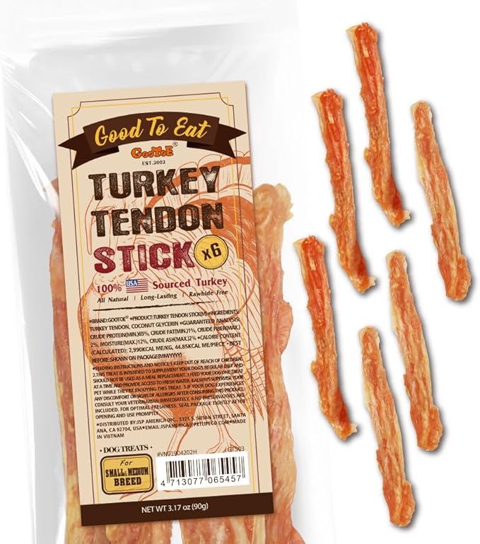 Gootoe Turkey Tendon Dog Treats, Stick (M) 3.17 oz, USA-Sourced Turkey Tendon, Natural Snack, Premium Puppy Chews, Hypoallergenic, Rawhide Free, Reseal Value Bags, Size for Medium Dogs-PawvioPets