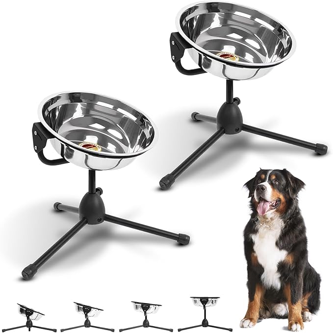 2 Pack Elevated Dog Bowls with Adjustable Metal Stand,Extra Large Size for Dogs Heavier Than 100 lbs,1.24 Gal 4.7 Liter, Stainless Steel Dog Food Bowl Height Adjustable Non-Slip Raised Dog Bowl Set-PawvioPets