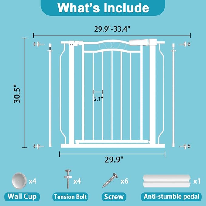 29.9-33.4 in Wide Baby Gate for Stairs Doorways, Auto Close Child Safety Gates Indoor for Dogs Pets, Pressure Mounted Metal Barrier Kids Toddler Door Walk Through, 30" Tall, White-PawvioPets
