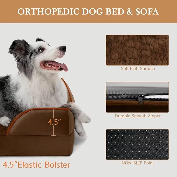 Comfort Expression Large Dog Beds Orthopedic Foam, Waterproof Dog Beds for Dogs, Comfy Pet Bed Sofa with Washable Removable Cover & Non-Slip Bottom(Large,Chocolate Brown)-PawvioPets
