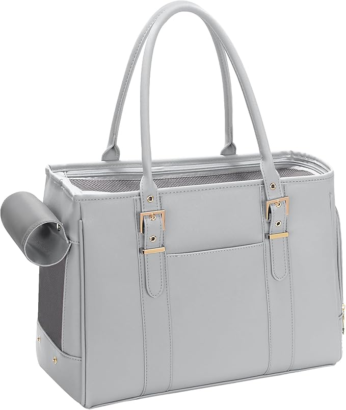 Fashion Pet Carrier Dog Purse Cat Bag Soft-Sided Carriers Travel Airline Approved, Stylish Leather Tote Handbag for Small Animal Puppy Kitten (Grey)-PawvioPets