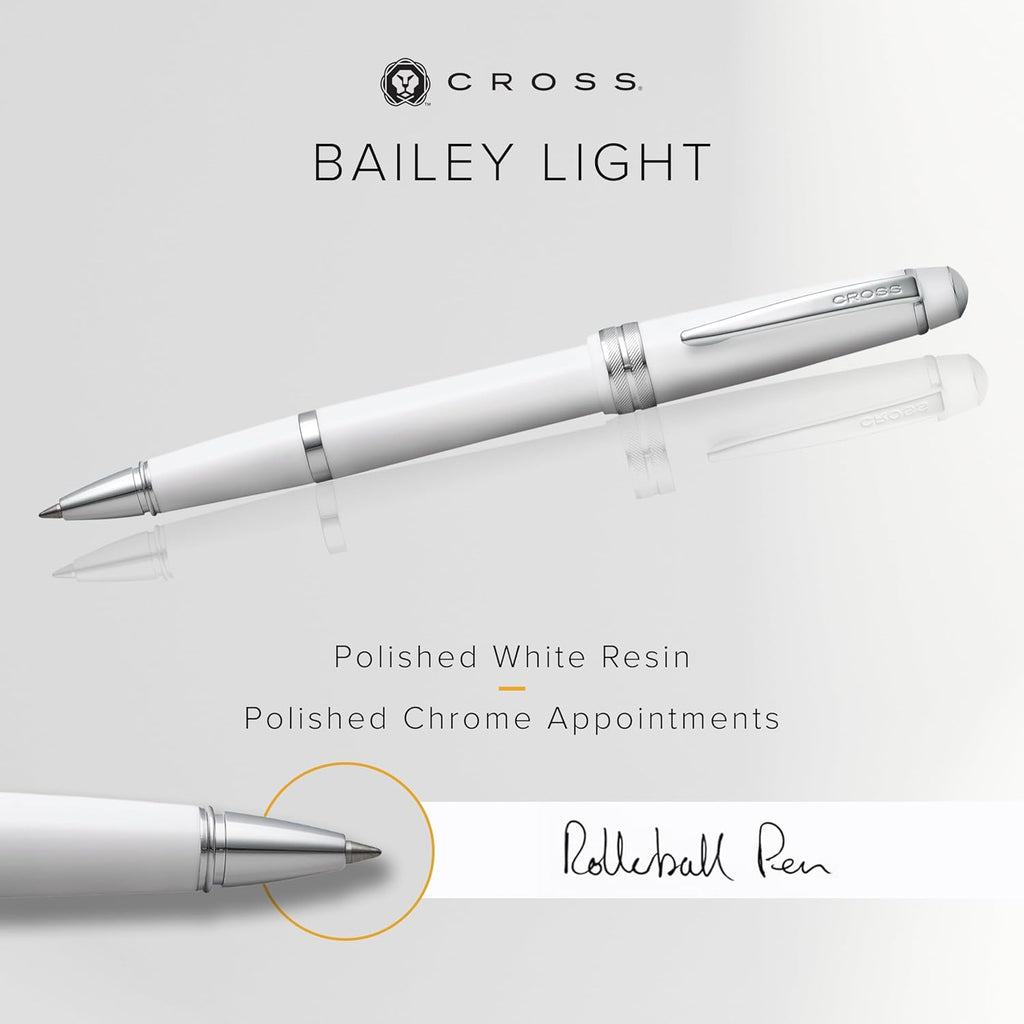 Cross Bailey Light Refillable Rollerball Pen Presented in a Everyday Gift Box - Medium Point, Black Ink, Polished White