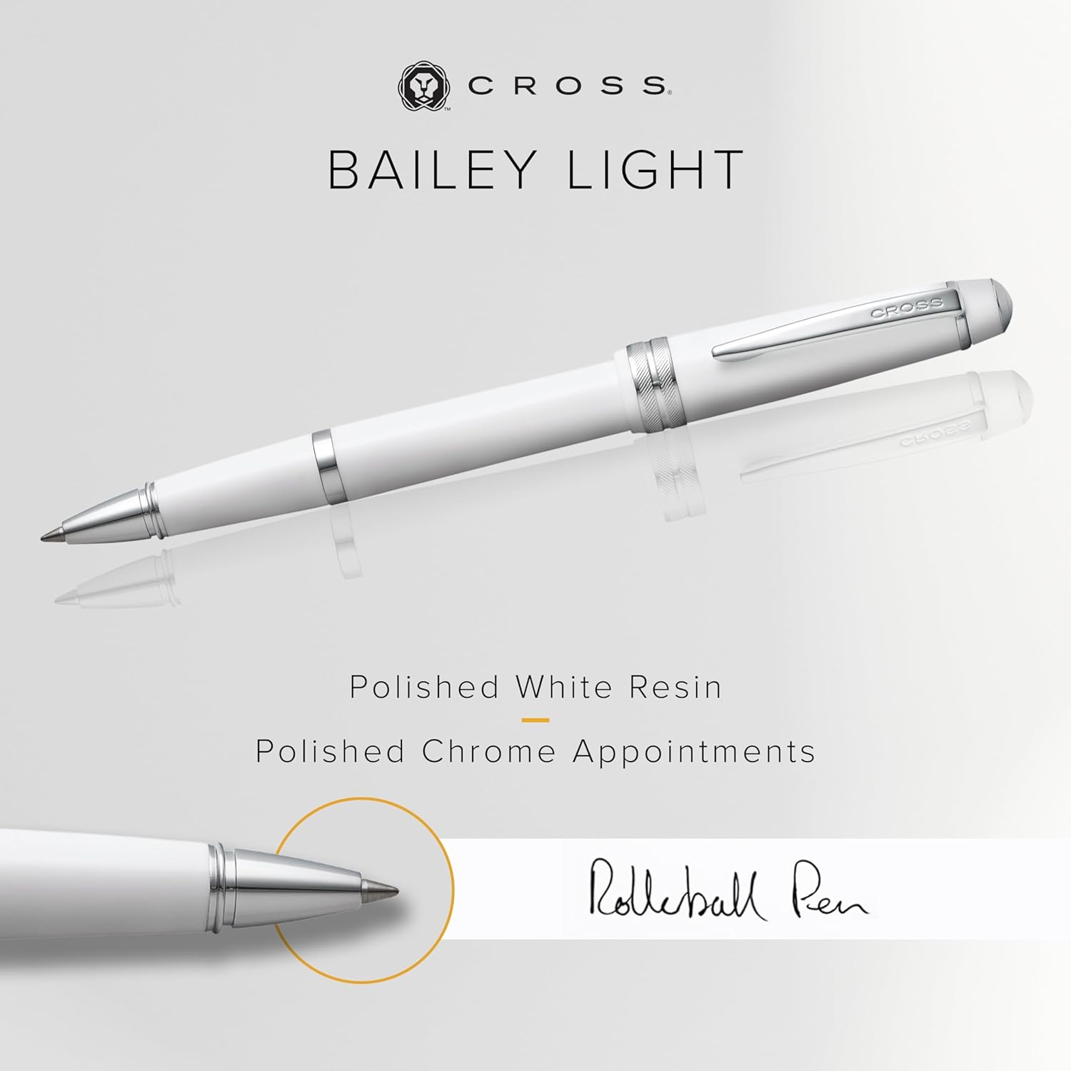Cross Bailey Light Refillable Rollerball Pen Presented in a Everyday Gift Box - Medium Point, Black Ink, Polished White