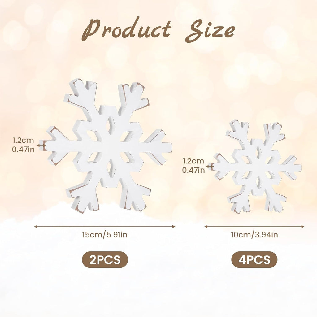 Snowflake Decorations Christmas Decor 6Pcs Winter White Wooden Snowflakes Standing Christmas Tiered Tray Decor Winter Wonderland Decorations for Indoor Home Xmas Table Shelf Fireplace Mantel