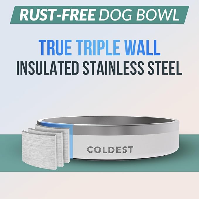 Coldest Dog Bowl - Anti Rust Metal, Non Slip, 3 Layers Insulated Stainless Steel Dog Bowls - Spill Proof & Heavy Duty - Water Bowl for Dogs, Cats & Pets, Dish Washer Safe (21 oz, Epic White)-PawvioPets
