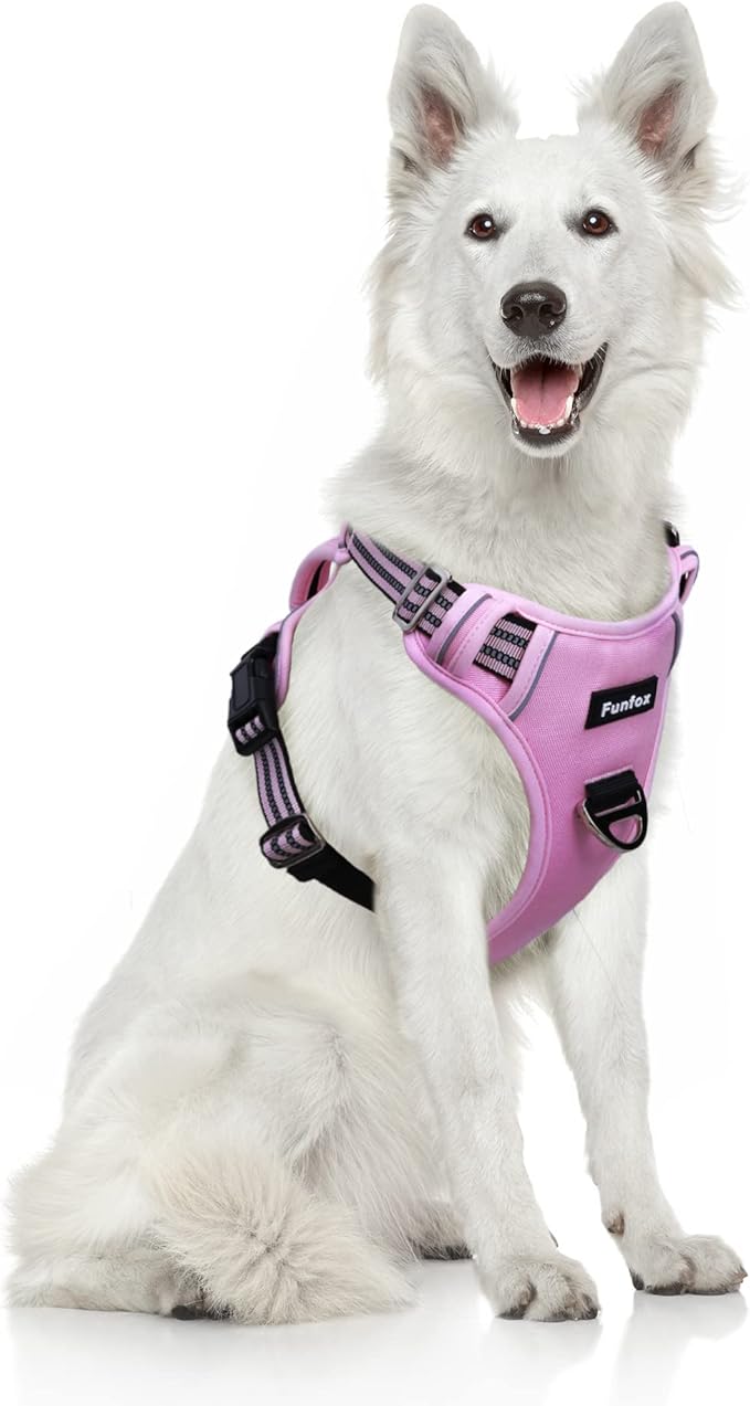 Funfox Dog Harness No Pull, Adjustable Pet Vest Harness, Super Soft Material with Vertical Handle Easy Control, Reflective Night Walking, 2 Leash Clips for XLarge Dogs, Pink, XL-PawvioPets