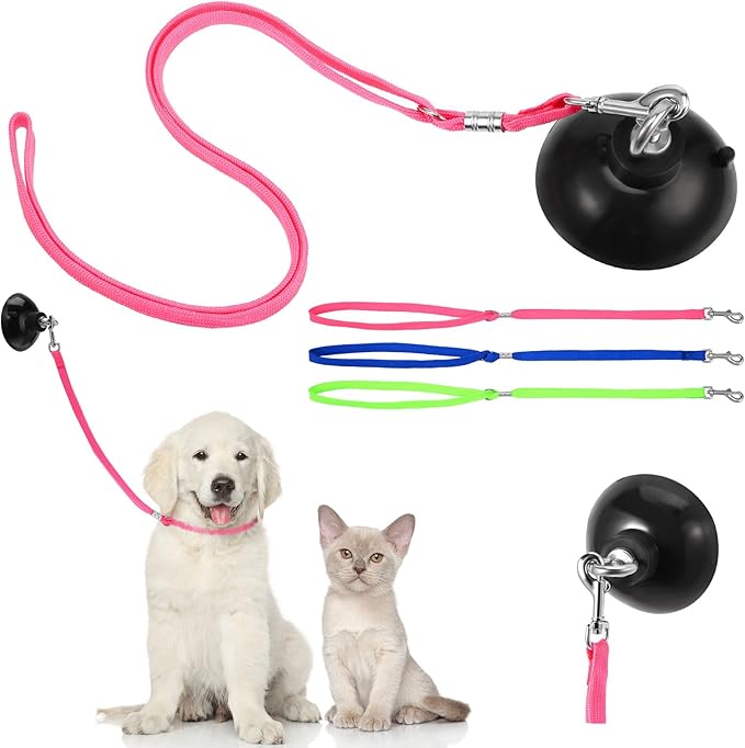 Frienda 4 Pieces Dog Bathing Tether with Suction Cup Pet Dog Grooming Tub Restraint Loops and Adjustable Cat Fixed Safety Rope for Pet Shower Bathing Grooming(Blue Pink Bright Green)-PawvioPets