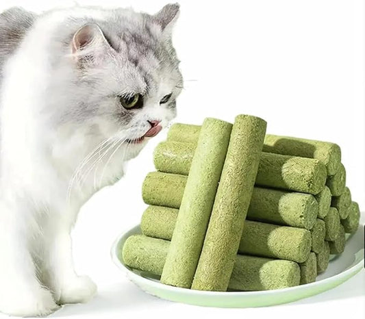 Cat Grass Teething Sticks for Hairball Removal & Teeth Cleaning, Chicken Flavored, Natural Dental Treats for Indoor Cats-PawvioPets