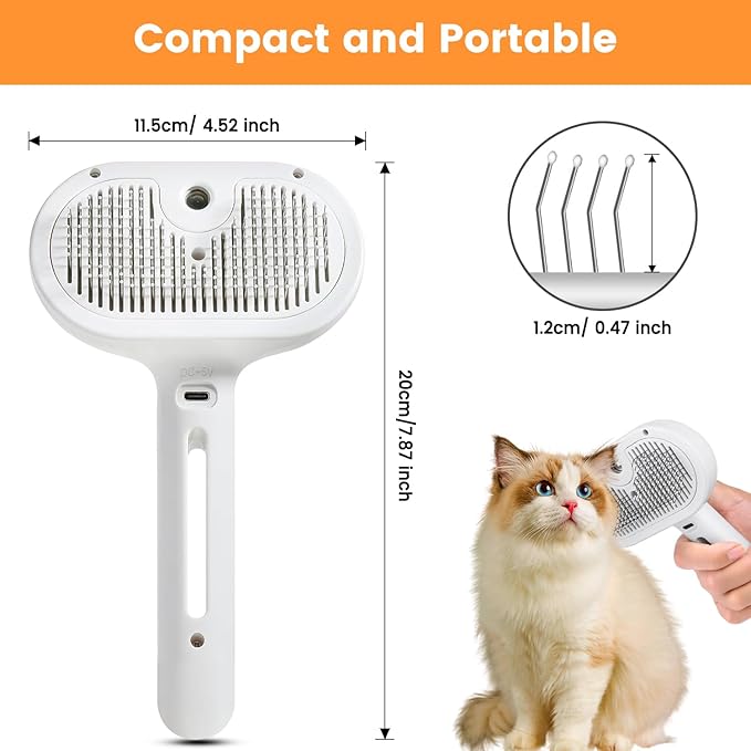 3 in 1 Cat Steam Brush, Pet Steam Brush for Cat Dog Long Short Haired, Pet Spray Hair Removal Comb for Small Animals Shedding & Grooming, Water Mist Spray Brushes with Release Button(White)-PawvioPets