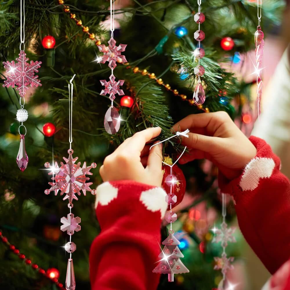Lanpn 26 Pcs Christmas Ornaments Crystal Christmas Tree Decoration, Hanging Clear Acrylic Snowflake Icicle Drop Pendants for Xmas Winter Outdoor Indoor Party Decoration Pink