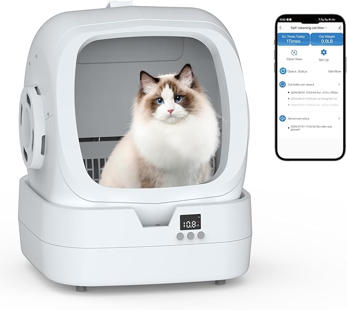 Automatic Cat Litter Box Self Cleaning - APP Control and Weight Monitoring - Ultra-Quiet, Suitable for Medium Cats and Kittens, Safe Anti-Pinch Litter Box (Assembly Required) -White-PawvioPets