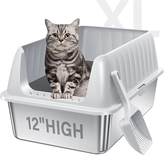 Cat Litter Box Stainless Steel XL with Lid, Enclosed Metal Extra Large Litter Box Pan High Sided with Scoop for Big Cats, Non-Sticky, Anti-Urine Leakage, Easy Cleaning-PawvioPets