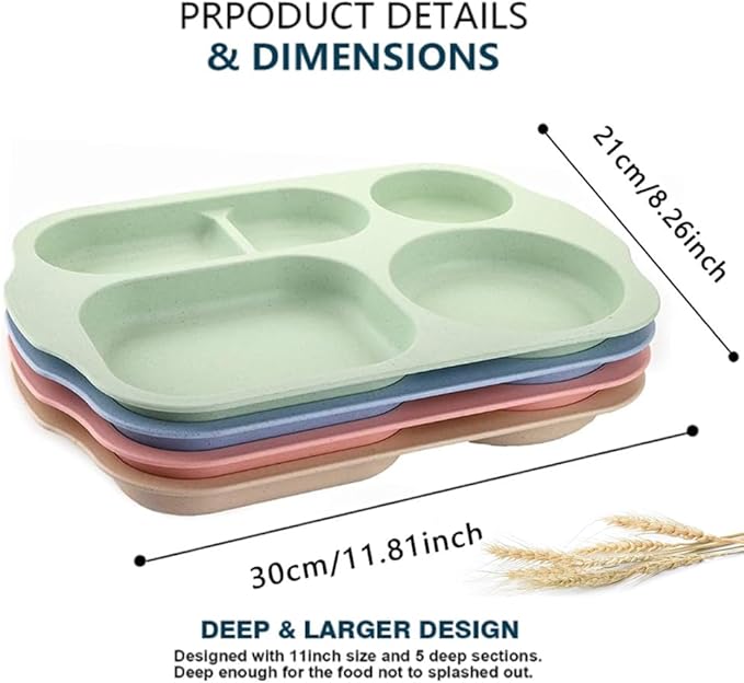12 Inch Divided Plates4 PCS - Reusable Unbreakable Wheat Straw Plates, Dinnerware Lunch Tray Plates Tableware for Kitchen, Picky Eaters, Campers and Portion Control (Blush)-PawvioPets