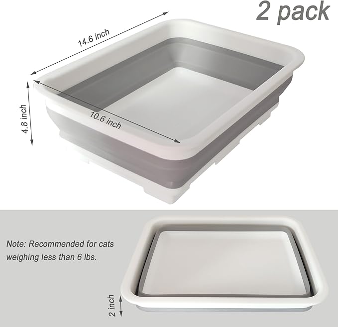 2 Pack Collapsible Small Cat Litter Box, Open Kitten Litter Potty Pan Low Entry Pet Kitty Toilet Foldable Waterproof Travel Toilet for Sick Frail Kitty 14.6 x 10.6 x 4.8 inches Grey-PawvioPets